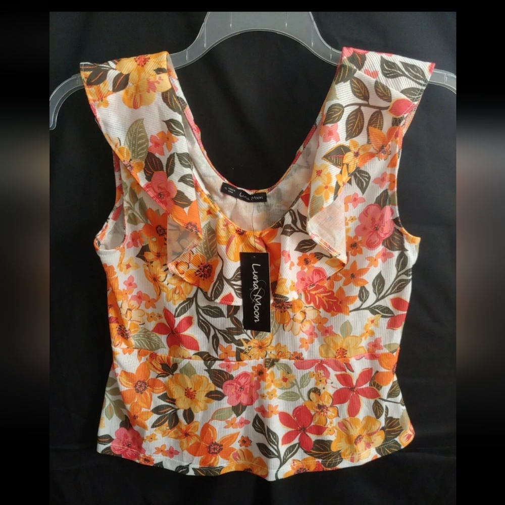 Luna Moon Cropped Pullover Sleeveless Floral XL NWT Ruffle Neckline Top